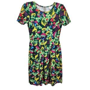 LULAROE Green Bright Tropical Floral Textured Pleated A-Line Dress Sz Medium